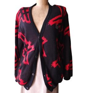 Vintage 80s 90s Abstract Graphic Knit Cardigan Red Black Art Sweater Lg